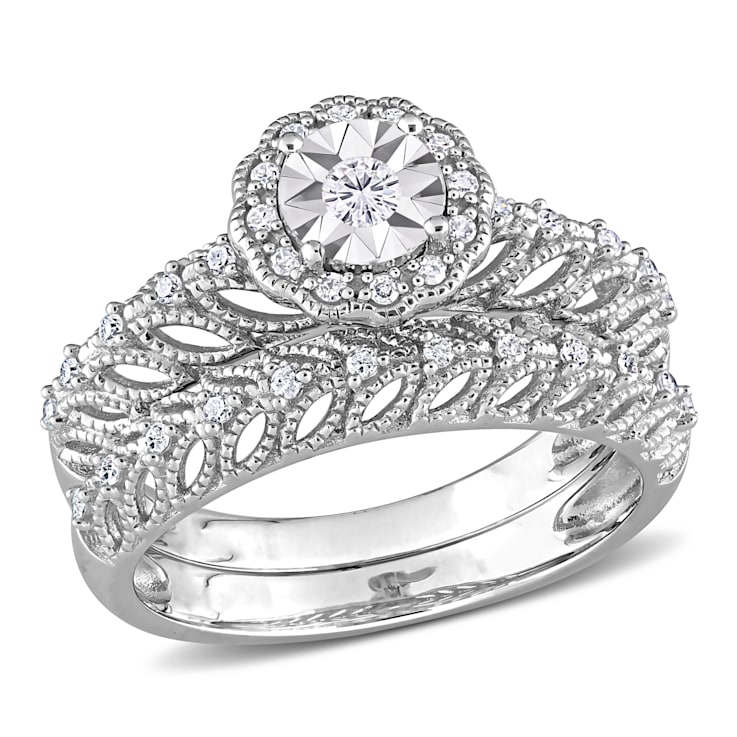1/4 CT TW Diamond Octagon Halo Bridal Ring Set in Sterling Silver