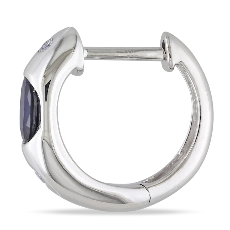 5/8 CT TGW Oval Sapphire Hoop Earrings with Diamonds in 10K White Gold