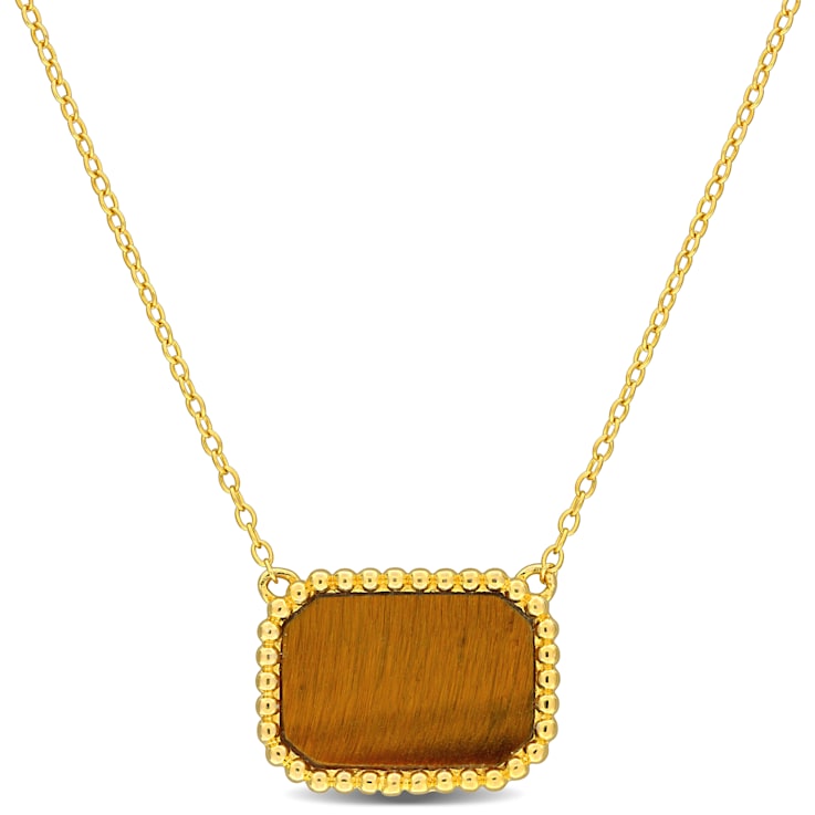 5 CT TGW Tiger Eye Necklace with Beaded Halo in Yellow Plated Sterling Silver