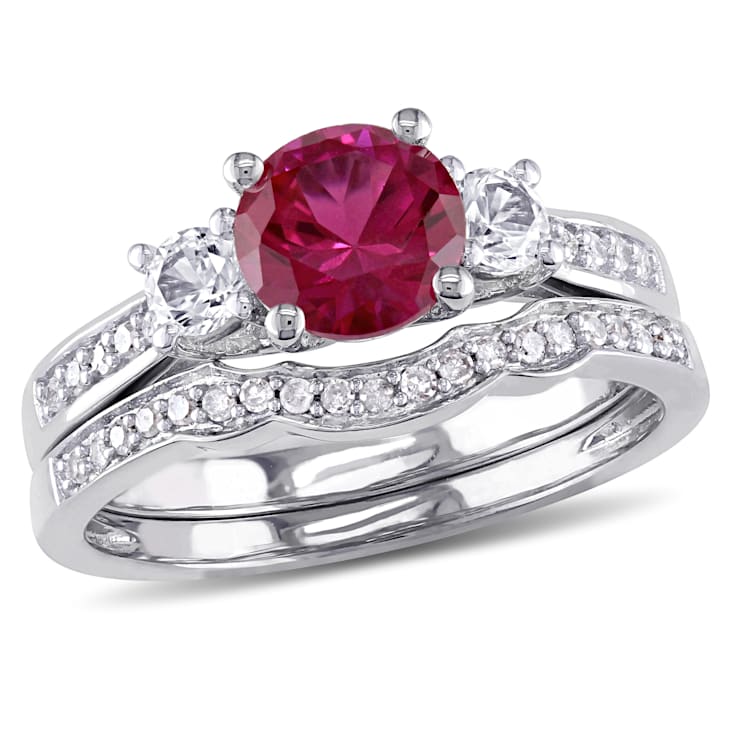 1 1/3 CT TGW Created Ruby, Created White Sapphire and 1/7 CT TW Diamond
Bridal Set in 10K White Gold
