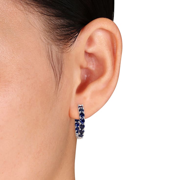 4 1/3 CT TGW Created Blue Sapphire Inside Outside Hoop Earrings in
Sterling Silver