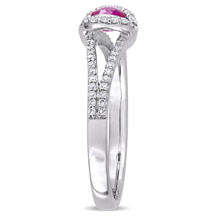 1/3 CT TGW Ruby and 1/5 CT TW Diamond Halo Engagement Ring in 14K White Gold