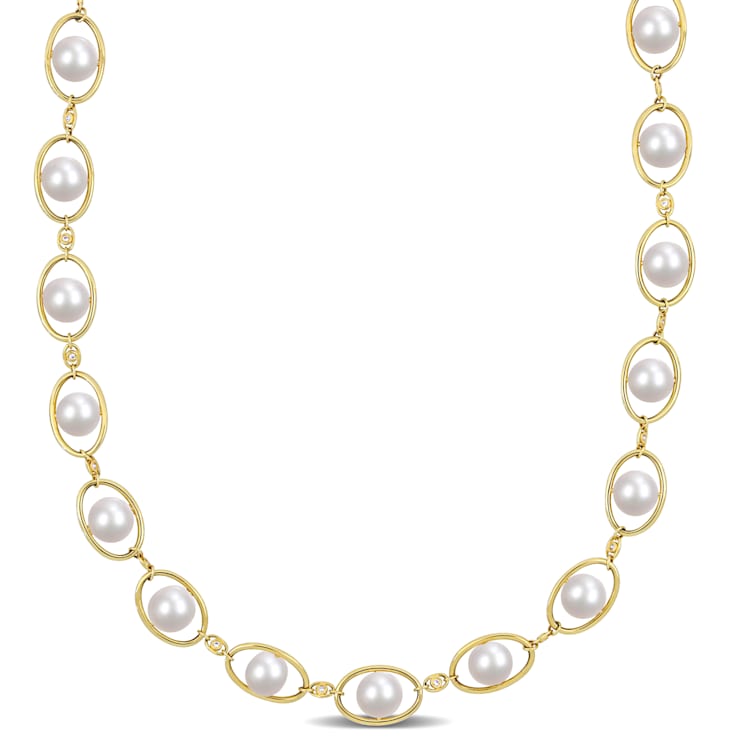8-8.5 MM Freshwater Cultured Pearl and Cubic Zirconia Necklace 18K
Yellow Gold Over Sterling Silver