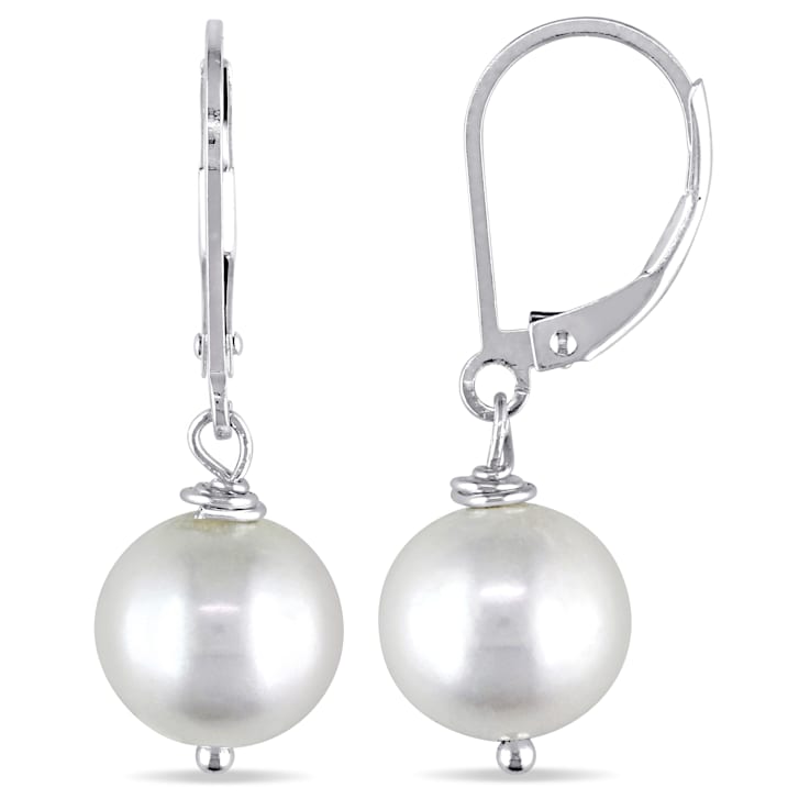 10 - 11 MM White Cultured Freshwater Pearl Leverback Drop Earrings in
Sterling Silver