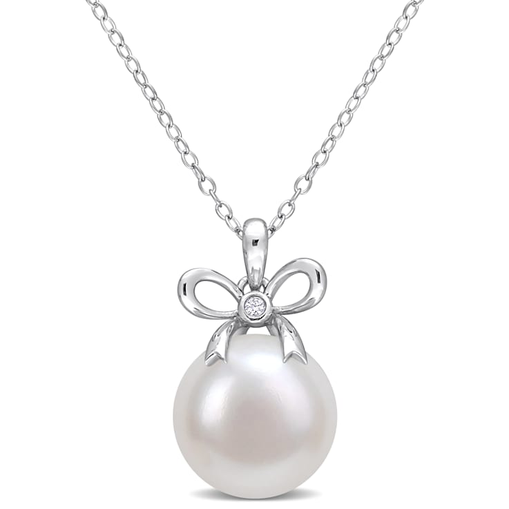 12-12.5MM Freshwater Cultured Pearl & Created White Sapphire Accent
Pendant in Sterling Silver