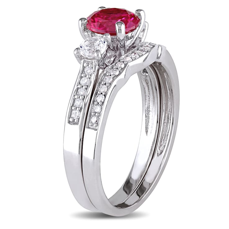 1 1/3 CT TGW Created Ruby, Created White Sapphire and 1/7 CT TW Diamond
Bridal Set in 10K White Gold