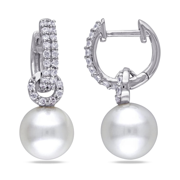8-8.5MM  White Cultured Freshwater Pearl Earrings with Cubic Zirconia in
Sterling Silver