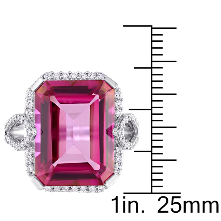 14K White Gold Diamond & Emerald Cut Pink Topaz Two Row Ring 