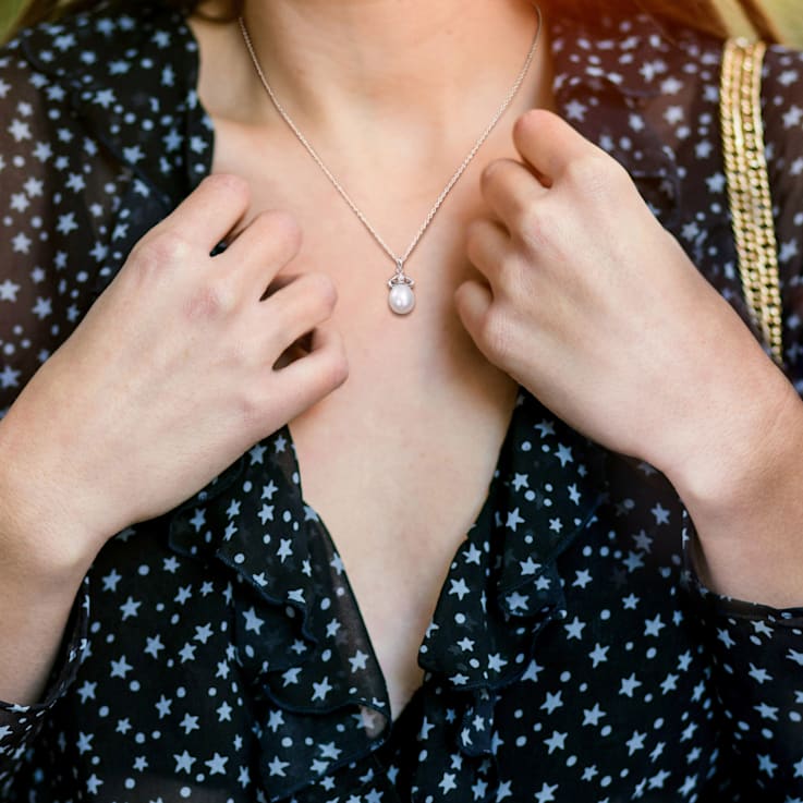 8.5-9MM Freshwater Cultured Pearl and Diamond Accent Drop