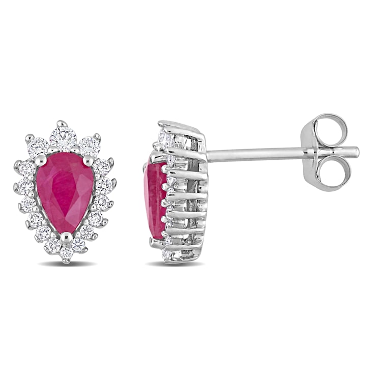 7/8 CT TGW Ruby and 1/4 CT TW Diamond Graduated Halo Earrings in 14K
White Gold