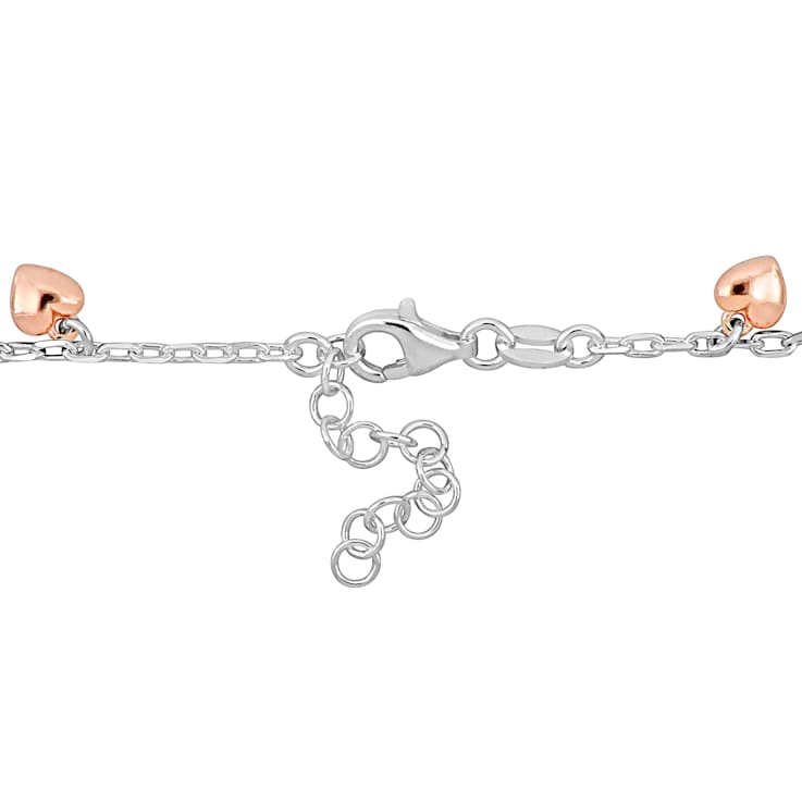 Heart Charm Station Bracelet in 2-Tone White and Rose Plated Sterling Silver