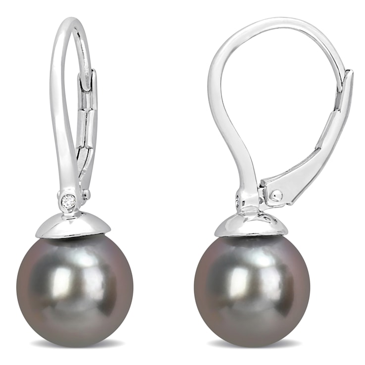 8-8.5 MM Black Tahitian Cultured Pearl and Diamond Accent Earrings in
Sterling Silver