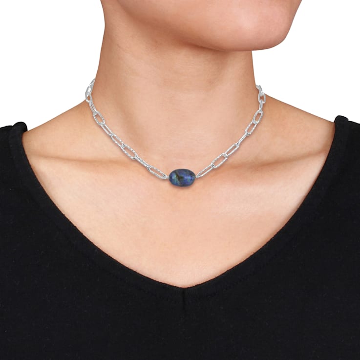 11-12 MM Black Freshwater Cultured Pearl Oval Link Necklace in Sterling Silver