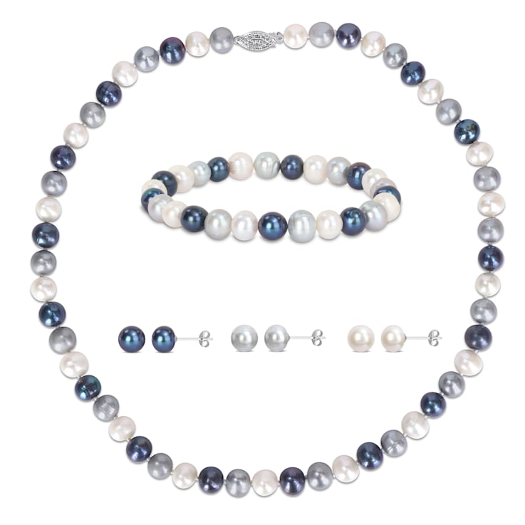 7.5-8MM Multi-Color Freshwater Cultured Pearl Necklace, Earrings &
Bracelet Set in Sterling Silver