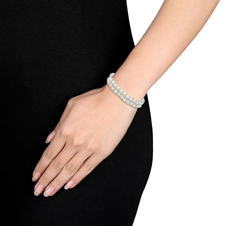 6-8MM Freshwater Cultured Pearl & Bead Double Row Strand, Bracelet
& Earrings Set in Sterling Silver
