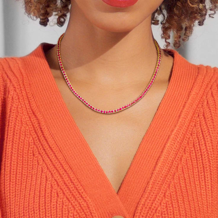 16 1/5 CT TGW Ruby Tennis Necklace in 14K Yellow Gold
