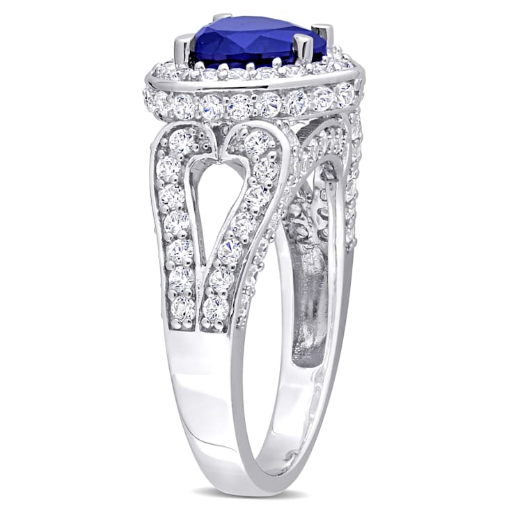 4 3/8 CT TGW Created Blue and White Sapphire Heart Ring in Sterling Silver