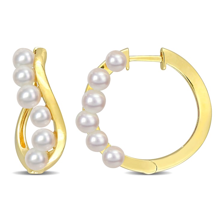 3.5-4MM Freshwater Cultured Pearl Hoop Earrings in 14K Yellow Gold Over
Sterling Silver