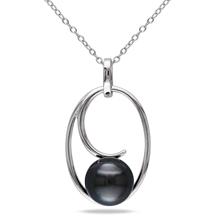 9.5-10MM Black Tahitian Cultured Pearl Geometric Pendant with Chain in
Sterling Silver