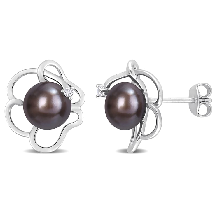 7.5-8MM Black Freshwater Cultured Pearl and White Topaz Floral Stud
Earrings in Sterling Silver