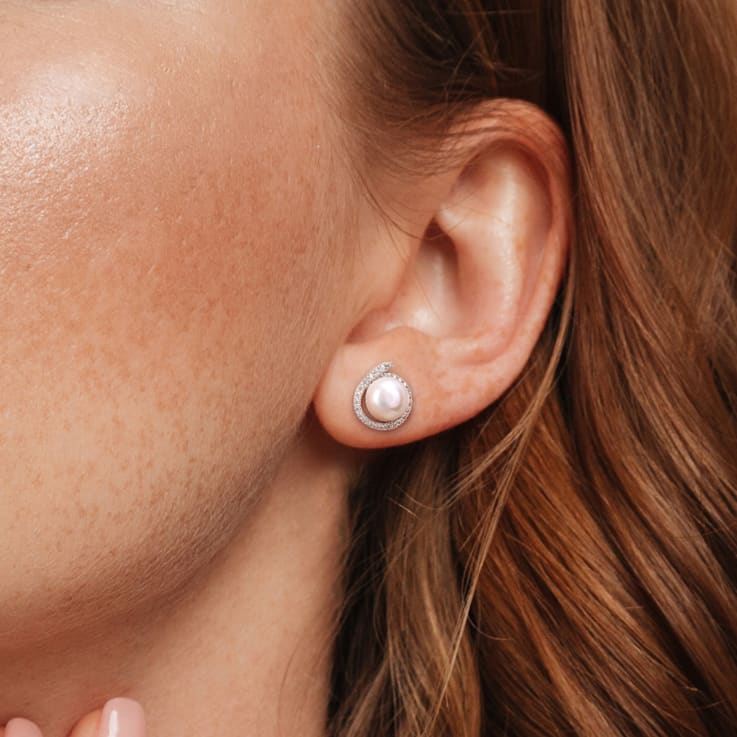 8-8.5MM Freshwater Cultured Pearl and Diamond Accent Halo Stud Earrings
in Sterling Silver
