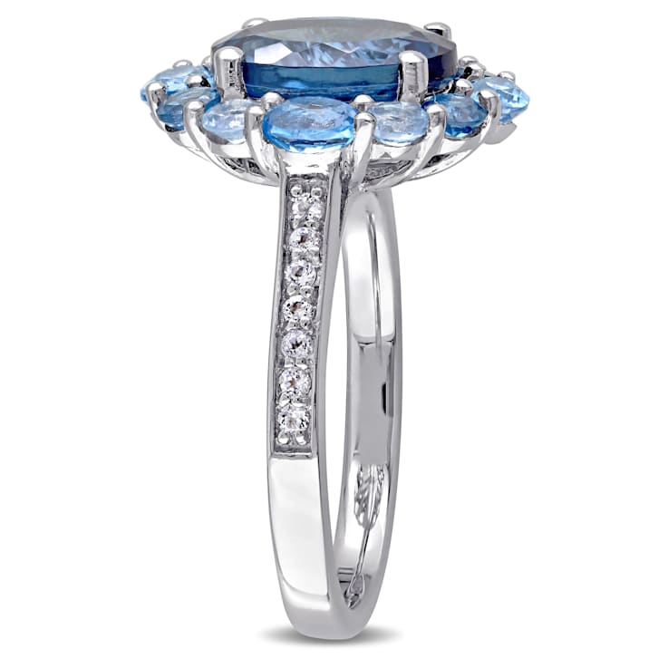5 3/8 CTW London, Swiss and Sky Blue Topaz Halo Ring in Sterling Silver