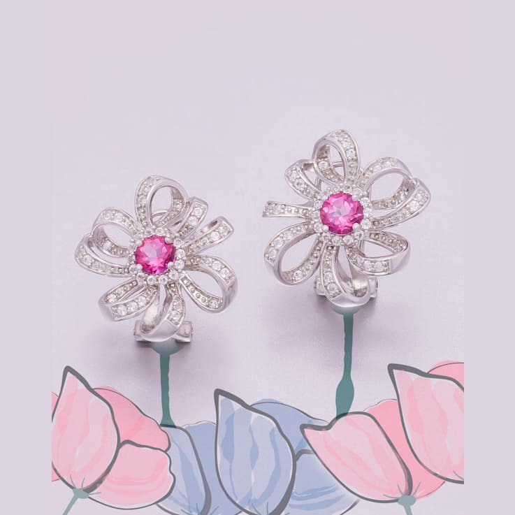 2 CT TGW Pink Sapphire and White Topaz Flower Earrings in Sterling Silver