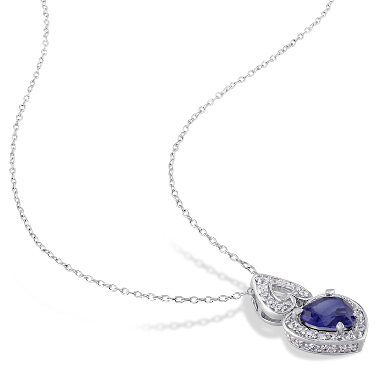 3 1/10 CTW Created Blue and Created White Sapphire Heart Halo Sterling
Silver Pendant w/Chain