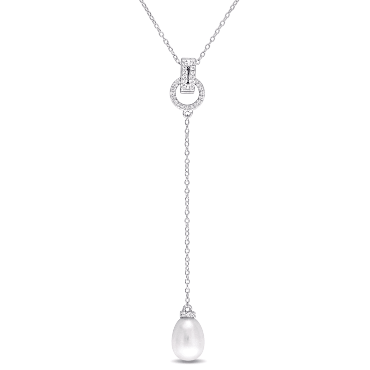 8-8.5 MM Freshwater Cultured Pearl and White Topaz Drop Pendant with
Chain in Sterling Silver