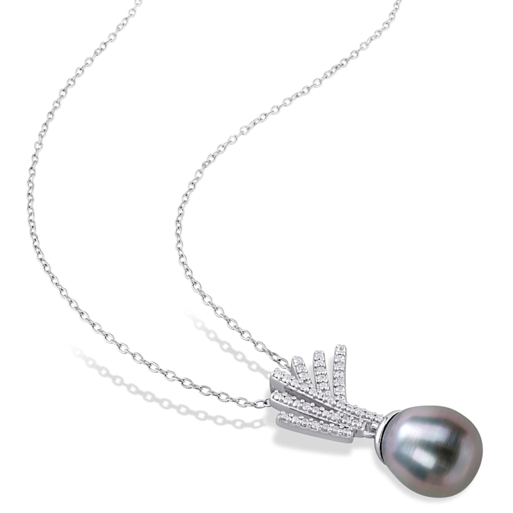 9.5-10MM Black Tahitian Cultured Pearl and Diamond Accent Pendant with
Chain in Sterling Silver