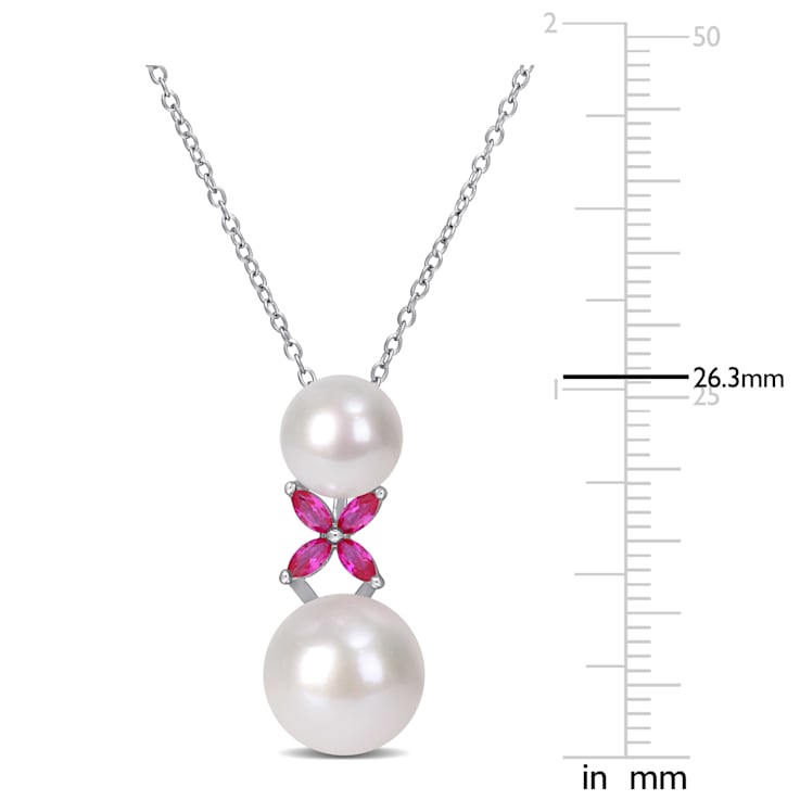 8.5-12MM Freshwater Cultured Pearl and 1/2 CT TGW Created Ruby Pendant
with Chain in Sterling Silver