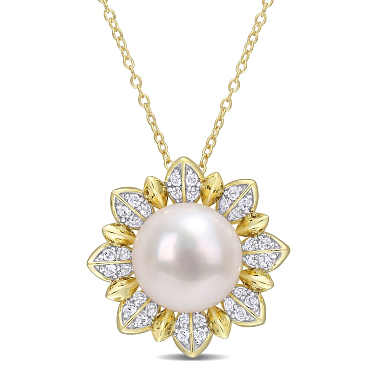 8.5-9MM Freshwater Cultured Pearl and 1 CT TGW White Topaz Pendant in
Yellow Sterling Silver