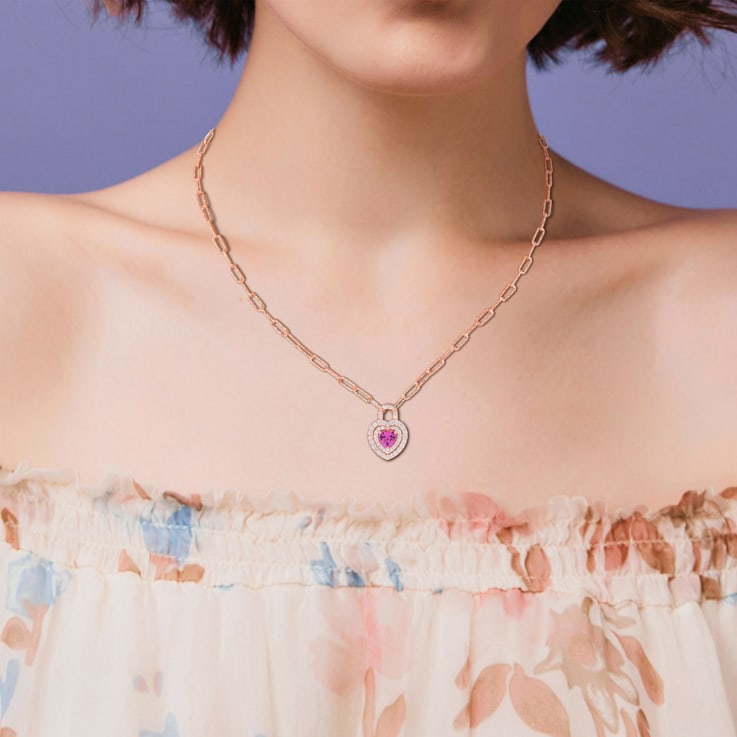 1 3/4 CT TGW Created Pink and White Sapphire Double Halo Necklace in
Rose Plated Sterling Silver
