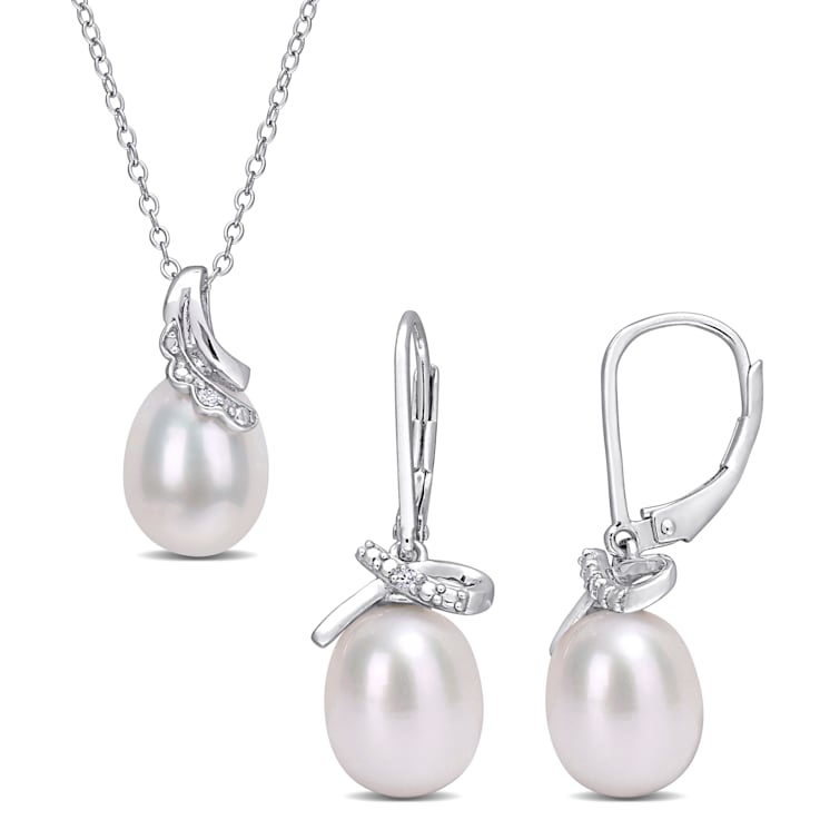 7.5-9MM Freshwater Cultured Pearl and Diamond Accent Earrings and
Pendant Set in Sterling Silver
