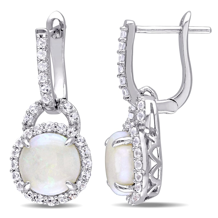 3 1/10 CT TGW Opal and White Topaz Hinged Hoop Charm Earrings in
Sterling Silver