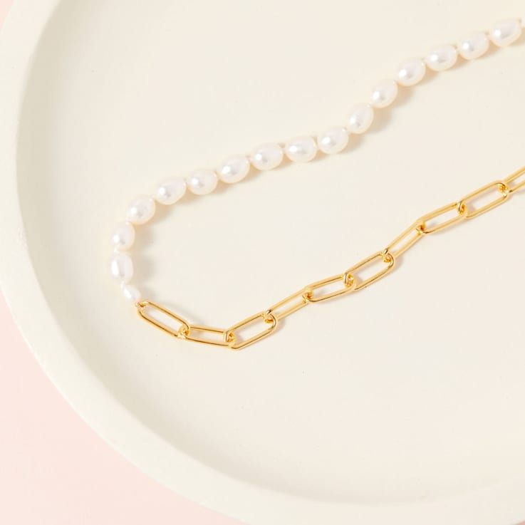 4.5-7.5 MM Freshwater Cultured Pearl Link Chain Necklace in 18K Yellow
Gold Over Sterling Silver