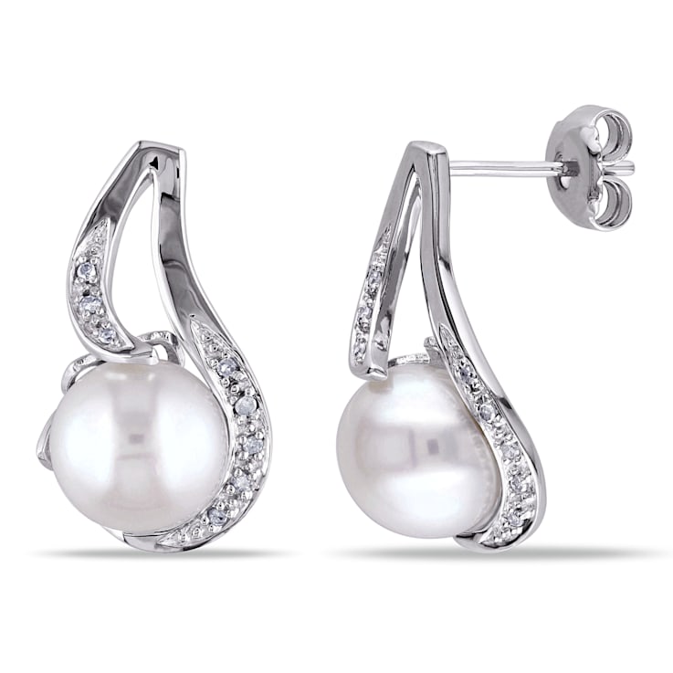 9-9.5 MM White Freshwater Cultured Pearl Earrings with Diamond Accent in
Sterling  Silver