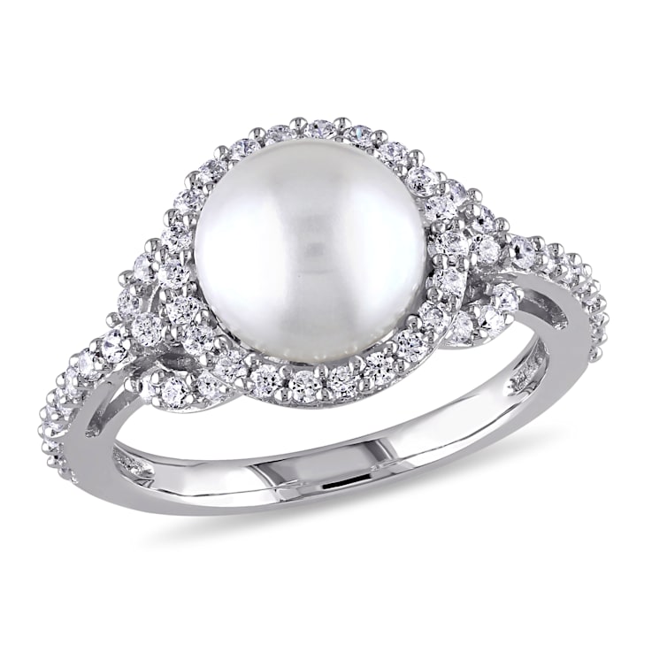 8.5-9MM Freshwater Cultured Pearl and Cubic Zirconia Halo Ring in
Sterling Silver