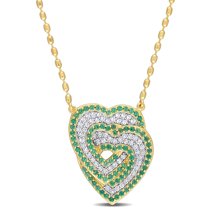 1 2/5 CT TGW Created White Sapphire and Created Emerald Interlocking
Hearts Pendant with Chain