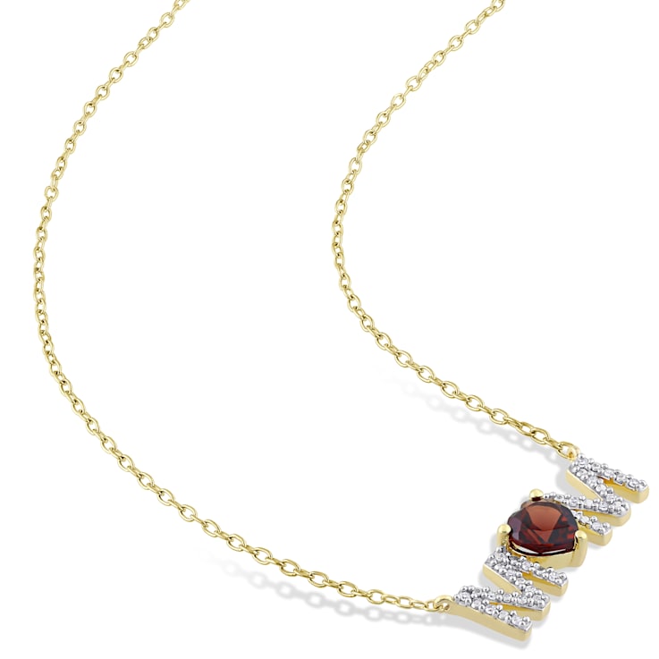 4/5 CT TGW Garnet and 1/10 CT TW Diamond "MOM" Pendant with
Chain in Yellow Plated Sterling Silver