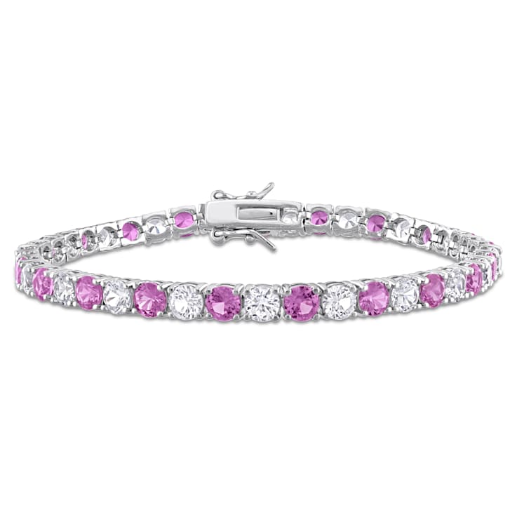 14 1/4 CT TGW Created Pink and White Sapphire Bracelet in Sterling Silver