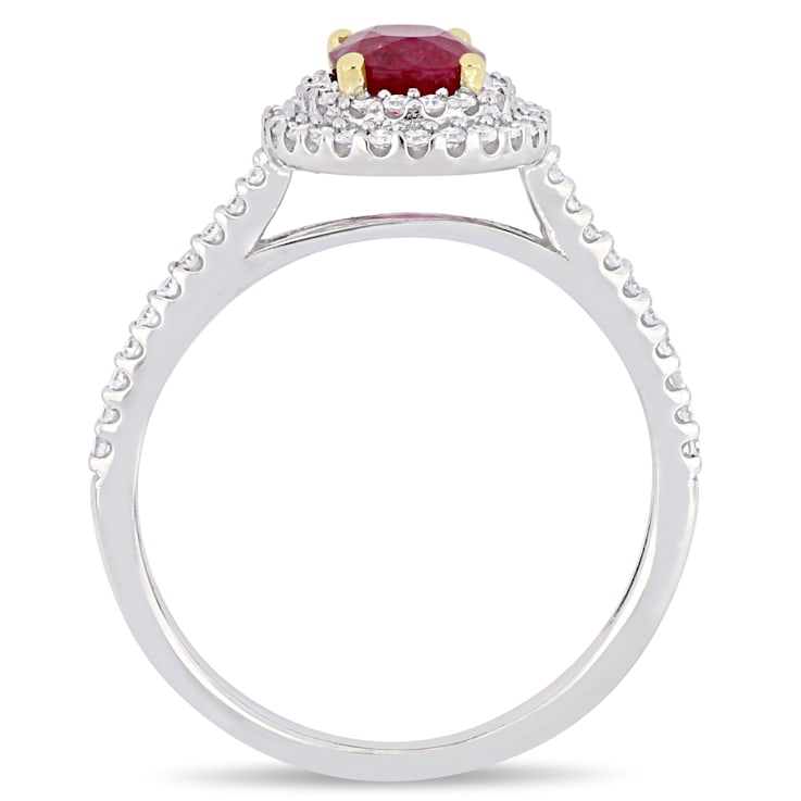 7/8 CT TGW Oval Ruby and 1/3 CT TW Diamond Double Halo Ring in 2-tone
14K White & Yellow Gold