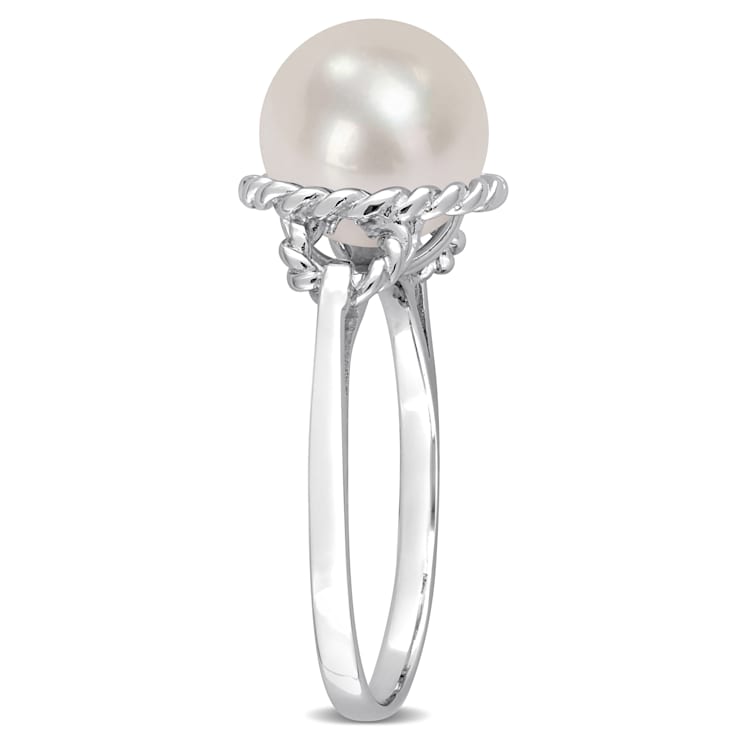 9-9.5MM Freshwater Cultured Pearl Rope Frame Ring in Sterling Silver