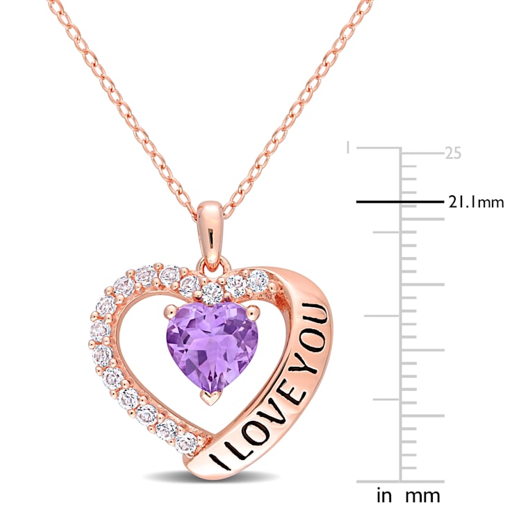 1 5/8 CTW Amethyst and White Topaz Heart 'I Love You' Rose Plated
Sterling Silver Pendant with Chain