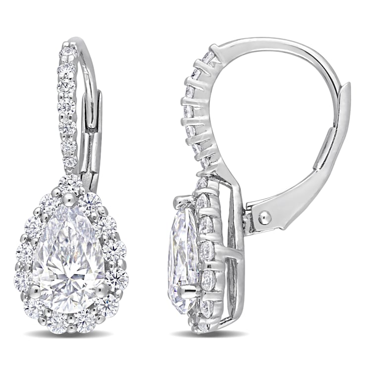 2 5/8 CT DEW Created Moissanite Teardrop Halo Leverback Earrings in
Sterling Silver