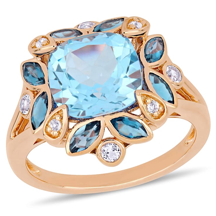 4 4/5 CT TGW London Blue, Sky Blue Topaz with White Topaz Floral Ring in
Rose Plated Sterling Silver