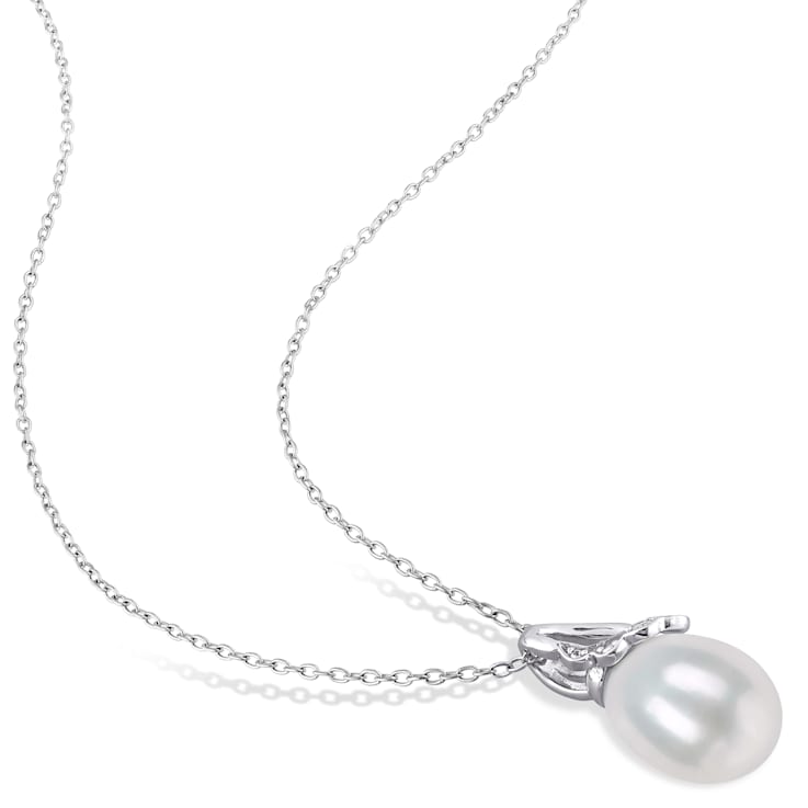 7.5-9MM Freshwater Cultured Pearl and Diamond Accent Earrings and
Pendant Set in Sterling Silver