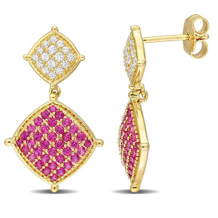1 3/4 CT TGW Created Ruby and Created Sapphire Earrings in Yellow Plated
Sterling Silver