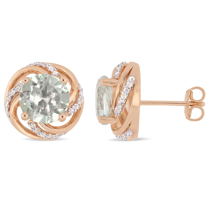 3 3/4 CT TGW Green Quartz White Topaz Swirl Halo Stud Earrings in Rose
Plated Sterling Silver