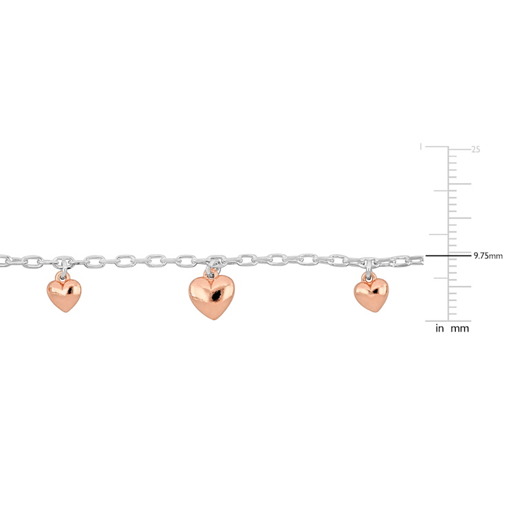 Heart Charm Station Bracelet in 2-Tone White and Rose Plated Sterling Silver